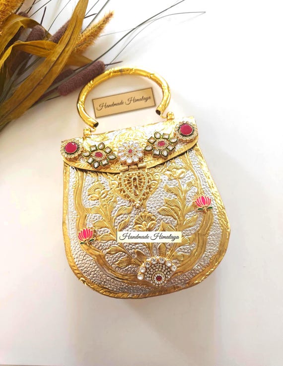 Dual Tone Brass Purse | Embellished Kundan Indian Wedding Metal Clutch
