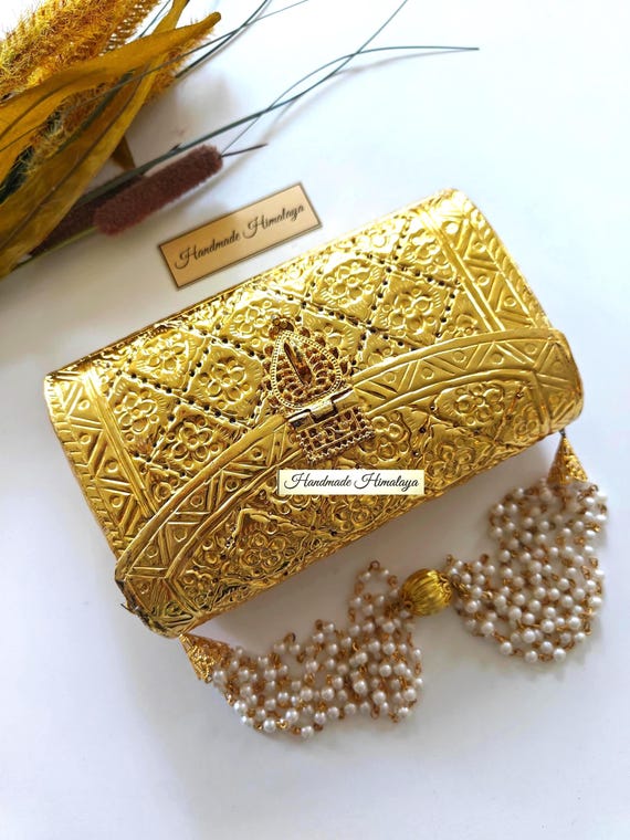 Vintage Gold Bridal Clutch | Brass Metal Wedding Purse