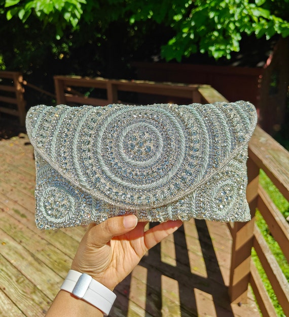 Silver Green Clutch, Beaded Purse, Crossbody Bag, Rhinestone Crystal Clutch, Embellished Evening Clutch, Party Purse, Cocktail Clutch
