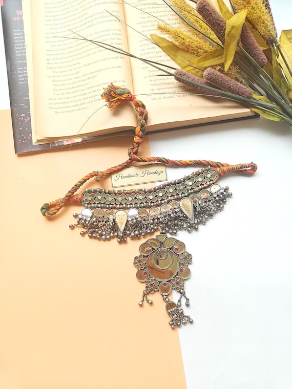 Vintage Afghan Tribal Kuchi Glass Choker | Clear Indian Glass and Silver Inlay Jewelry | Nomadic Statement Piece Braided Tassel