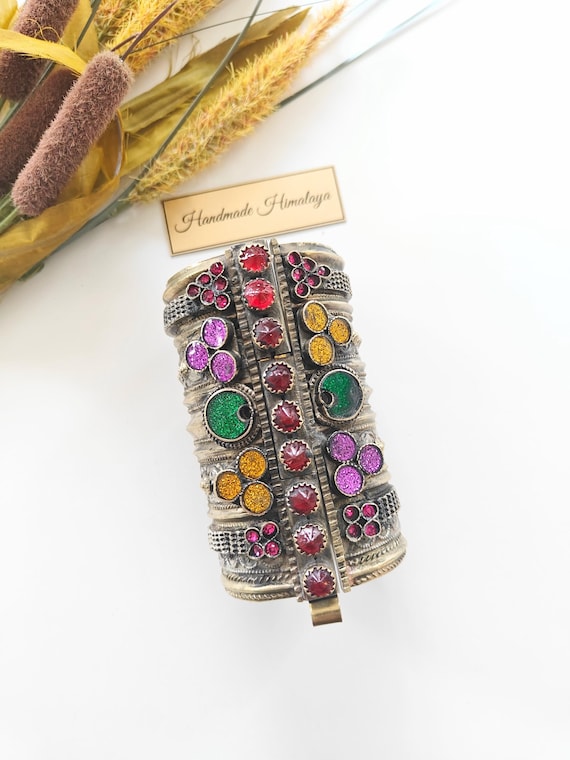 Afghan Kuchi Tribal Cuff Bracelet | Red  Purple Colorful Glass Jewel Silver Tone Bangle | Turkmen Style  Boho Artisan Accessory