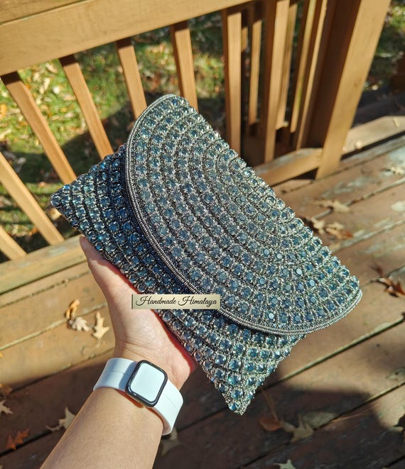 Gray Metallic Beaded Clutch Silver Crystal Envelope Crossbody Sparkly Rhinestones Evening Party Purse Bag