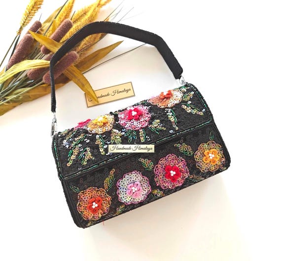 Black Floral Sequin Beaded Bag | Boho Embroidered Evening Purse | Colorful Flower Wedding Party Clutch