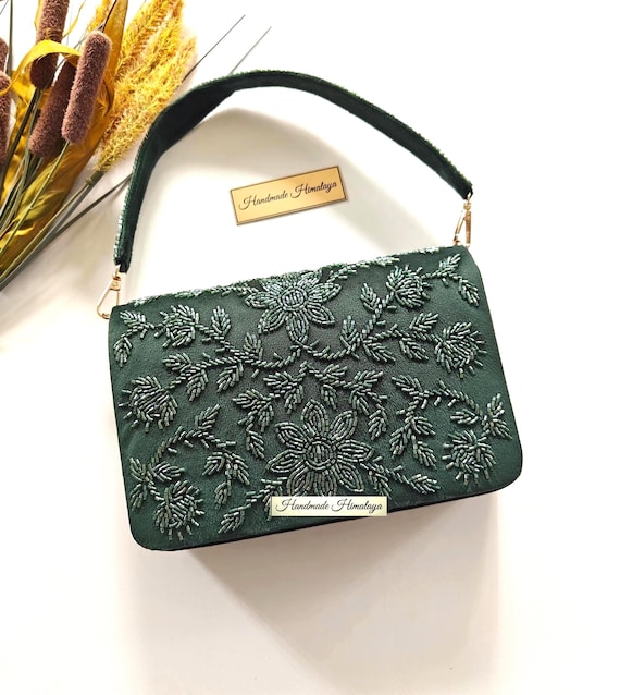 Emerald Green Beaded Handbag | Floral Bridal Wedding Purse