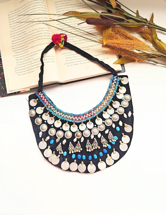 Vintage Afghan Necklace, Afghan Jewelry with Coins, Antique Jewelry, Kuchi Coin Choker, Black Fabric Necklace, Traditional Ethnic Choker