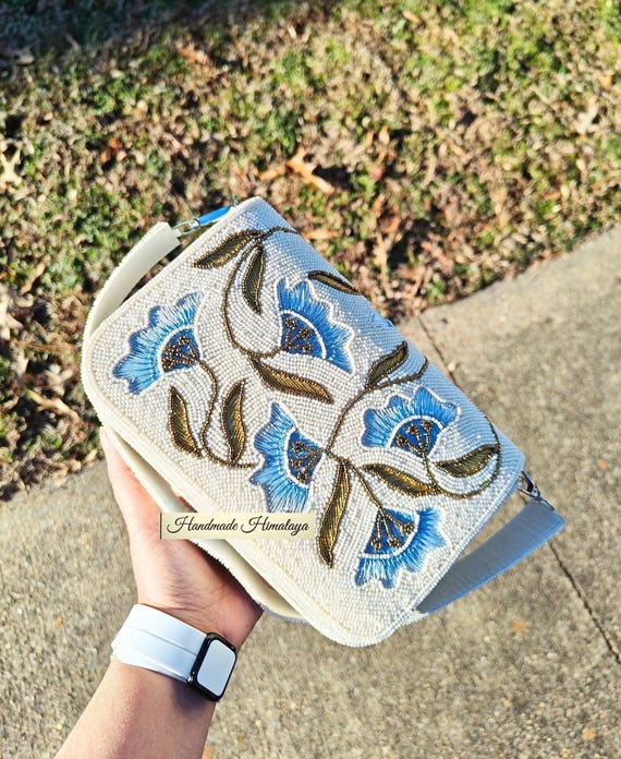 White Blue Floral Beaded Bag, Ivory Wedding Purse with Hand Embroidery, Blue Flower Bridal Clutch