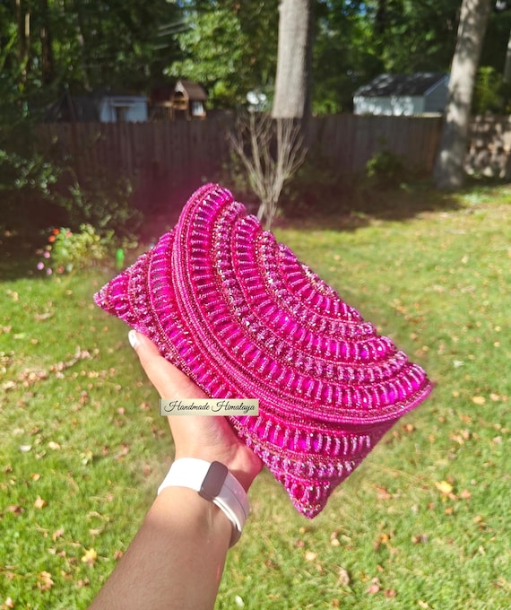 Hot Pink Crystal Beaded Clutch: Fuchsia Indian Wedding Evening Bag Bachelorette Party Glam Purse