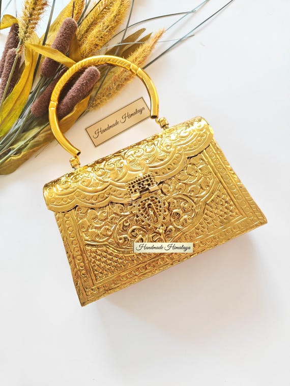 Engraved Gold Clutch Bag |  Floral Embossed Brass Box Purse |  Wedding Bridal Party Metal Handbag