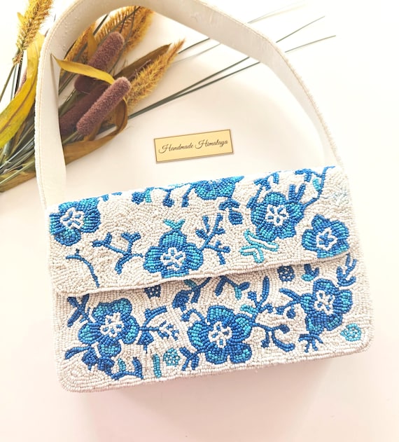 Blue Floral Beaded Bag | White Beaded Bridal Handbag | Boho Summer Party Evening Purse