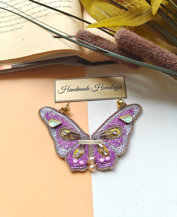 Purple Butterfly Beaded Earrings | Handmade Boho Statement Jewelry | Iridescent Crystal Wing Drop Earrings for Festivals & Weddings