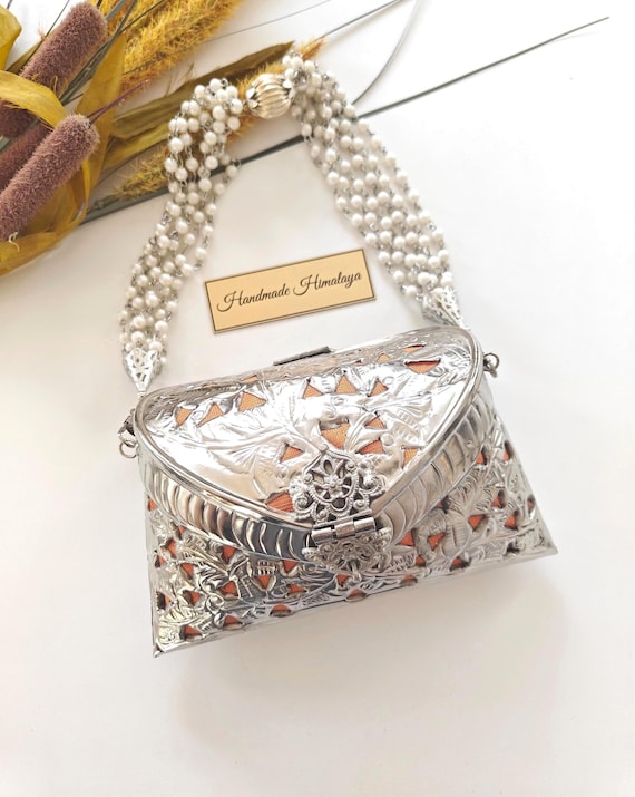 Embossed Brass Clutch | Mini Silver Metal Indian Purse | Silver Wedding Bag