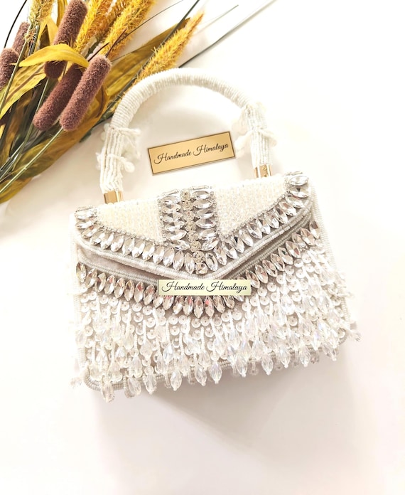 White Crystal Beaded Bridal Clutch | Wedding Purse with Rhinestone Fringes Evening Handbag