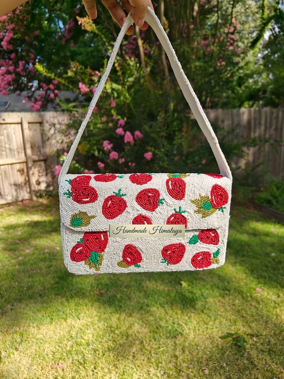 Strawberry Beaded Bag, White Beaded Bag, Beaded Purse, Fruit Handbag, Strawberry Purse, Party Evening Bag, Handmade Himalaya
