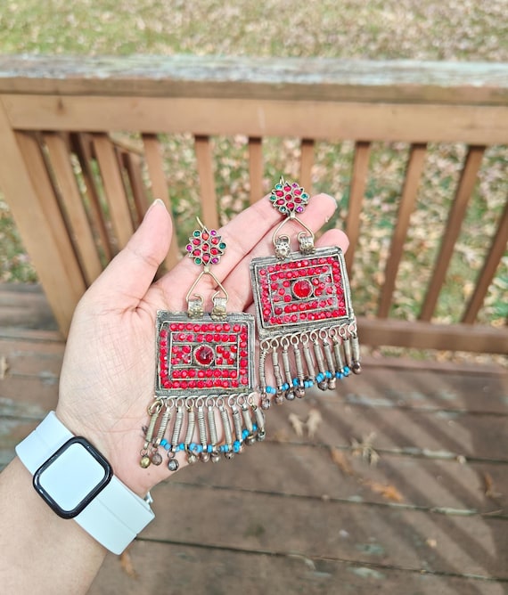 Vintage Afghan Earrings Long Oversized Silver Metal Tribal Kuchi Bell Dangle Red Jewelry