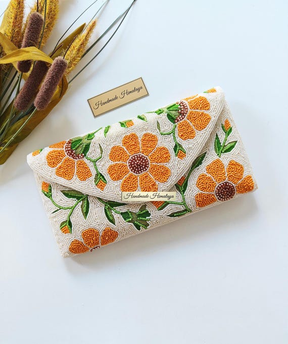 White Beaded Clutch Bag, Orange Daisy Embroidery, Bridal Evening Purse, Seed Bead Handbag