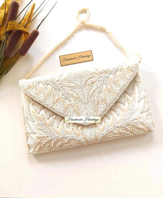 Ivory Floral Beaded Bridal Clutch | White Wedding Evening Bag