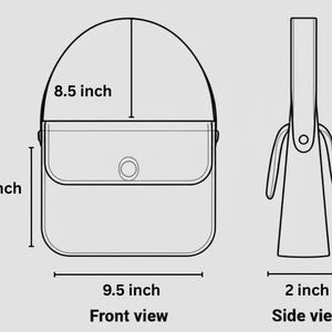 May include: A clear, transparent handbag with a rounded top and a flap closure. The front view measures 9.5 inches wide and 6 inches high, with an 8.5-inch strap height. The side view is 2 inches wide. The bag has a single strap.