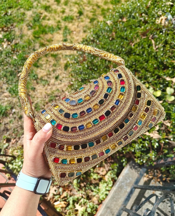 Gold Beaded Bag | Emerald Ruby Sapphire Jewel Evening Clutch | Rainbow Crystal Wedding Party Purse