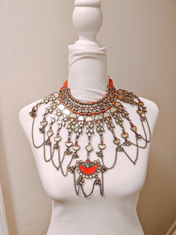 Afghan Jewelry, Vintage Mirror Necklace, Katesari Necklace, Indian Glass Choker, Boho Ethnic Tribal Piece, Mirror Jewelry, Collar Necklace