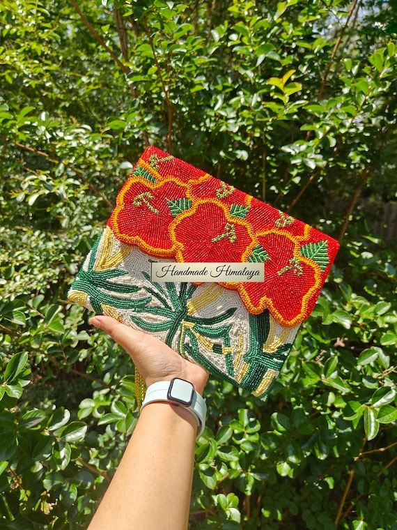Red Hibiscus Beaded Clutch | Tropical Floral Evening Bag