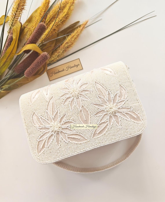 Ivory White Floral Beaded Clutch | Handmade Bridal Clutch Bag | Wedding Wristlet Purse Shoulder Bag