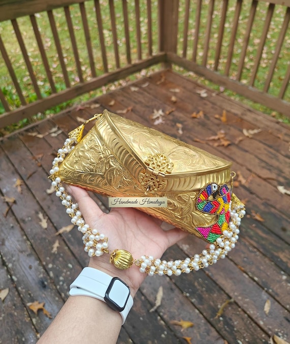 Brass Gold Clutch: Antique Wedding Indian Metal Handbag with Floral Engraving Crossbody Pearl Handle