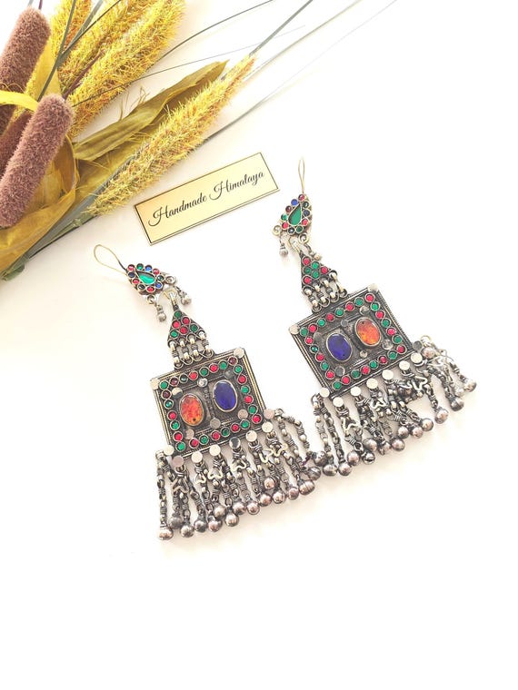Vintage Afghan Kuchi Earrings | Boho Red Blue Stone Chandelier | Tribal Belly Dance Silver Dangles