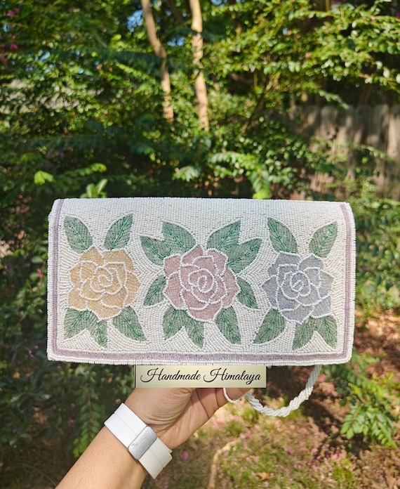 Floral Beaded Purse, Pastel Rose Beaded Clutch, Crossbody Purse, Sling Bag, Gifts for Her, Wedding Purse, Bridal Purse, Party Evening Bag