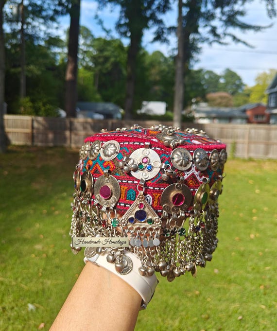 Afghan Halima Sultan Cap, Traditional Embroidered Woman Hat with Jewels and Ethnic Embellishments for Belly Dancers
