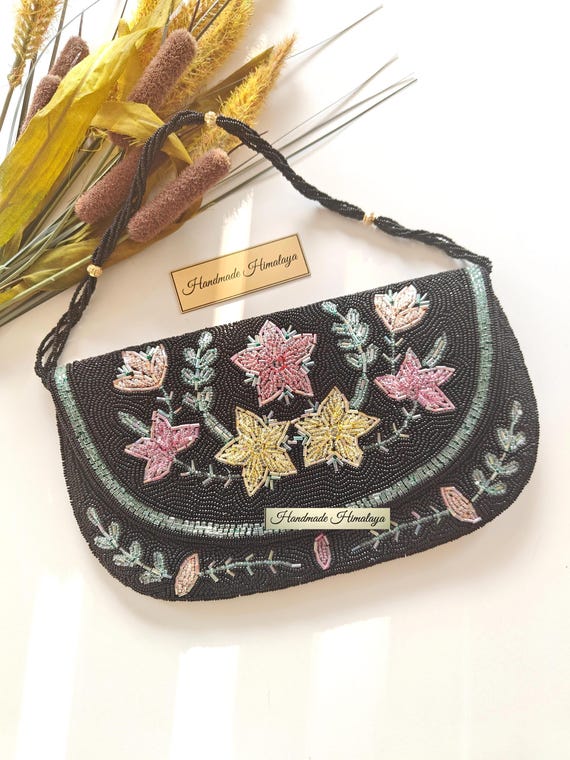 Black Floral Beaded Clutch | Pink Yellow Flower Evening Bag | Hand Embroidered Wedding  Party Purse