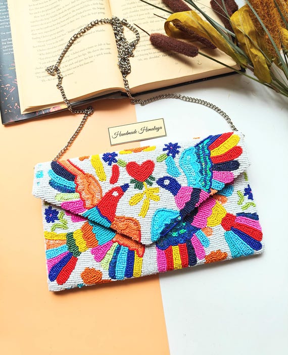 Otomi Bird Purse, White Beaded Clutch, Crossbody Bag, Seed Bead Purse, Colorful Beaded Purse, Beaded Bag, Mexican Art Bags, Gift for Her