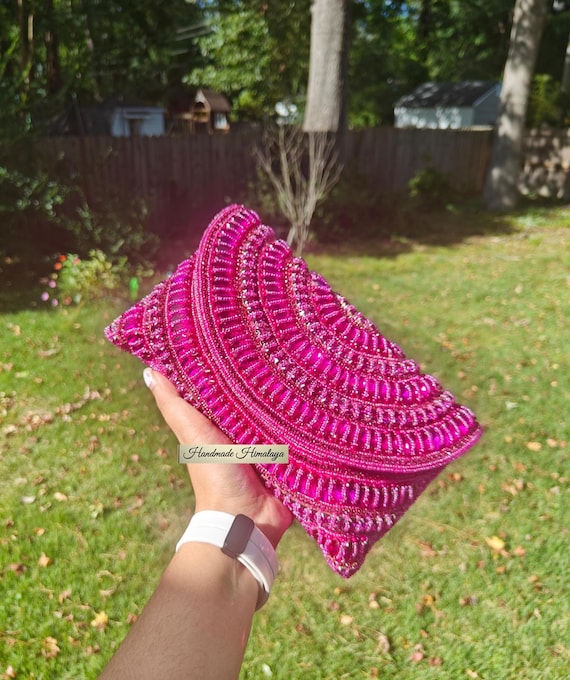 Hot Pink Crystal Beaded Clutch: Indian Wedding Evening Bag