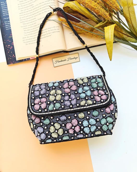 Floral Beaded Shoulder Bag, Pastel Embroidery Purse, Black Evening Clutch, Unique Gift for Her, Artisan Handbag for Parties, Weddings Bag