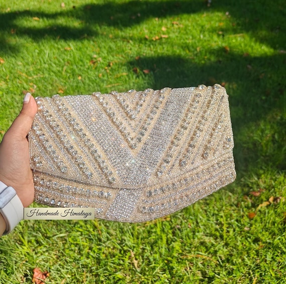 Crystal Rhinestone Clutch, Sparkly Evening Bag, Bridal Wedding Handbag, Silver Beaded Purse, Party Clutch, Gift for Her, Crossbody Bag