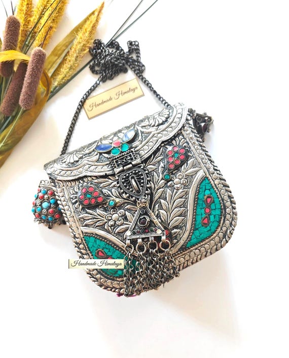 Vintage Silver Brass Bag, Indian Tribal Wedding Clutch, Afghan Kuchi Evening Purse