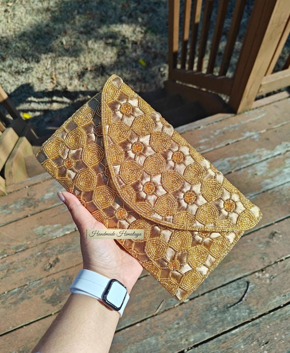 Floral Gold Beaded Clutch, Wedding Evening Bag, Crossbody Beaded Purse