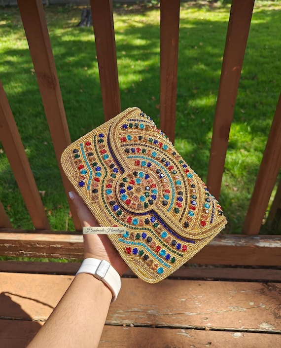 Gold Clutch, Crystal Rhinestones Purse, Crossbody Bag, Party Evening Bag, Gift for Her, Colorful Purse, Gift for Her, Wedding Gold Purse