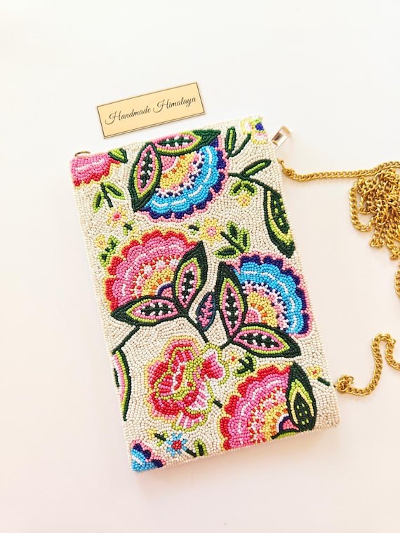 Beaded Floral Phone Bag |  Boho Flower Cellphone Pouch  | Pink Blue Embroidered Festival Crossbody Purse