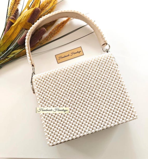 Pearl Beaded Bridal Bag | White Wedding Top Handle Purse | Bride Handbag | Ivory Evening Clutch