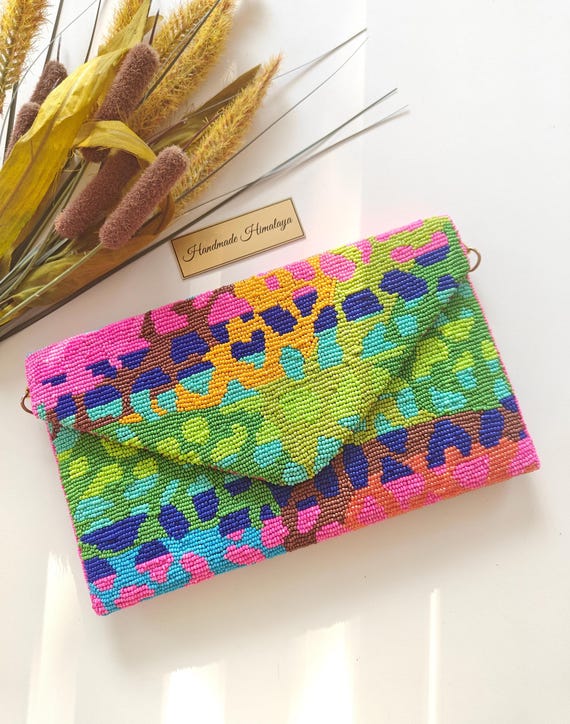 Colorful Beaded Clutch | Neon Pink Green Animal Print Party Bag | Cheetah Pattern Festival Crossbody