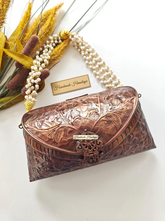 Vintage Copper Clutch | Floral Brass Metal Bronze Evening Bag