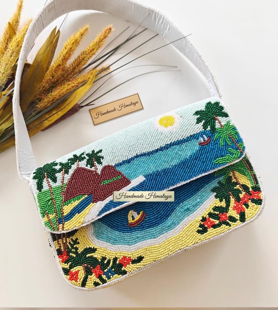 Hawaii Vacation Beaded Bag | Tropical Beach Landscape Shoulder Purse | Palm Trees & Blue Ocean Handbag