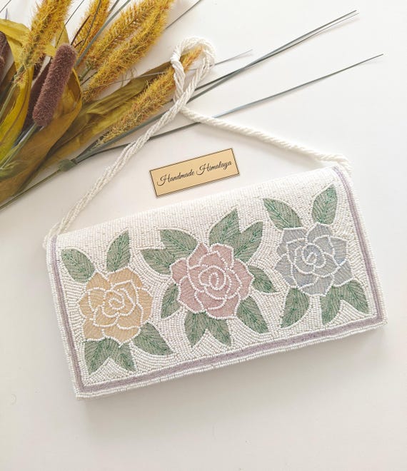 White Floral Beaded Bag | Pink and Gold Rose Bridal Wedding Handbag | Ivory Evening Bag for Prom