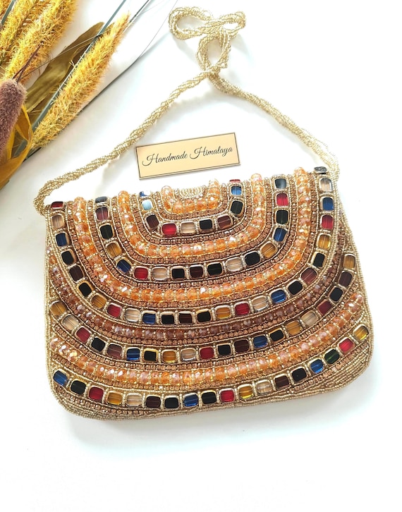 Gold Beaded Clutch | Emerald Ruby Sapphire Jewel Evening Bag | Rainbow Crystal Wedding Party Purse