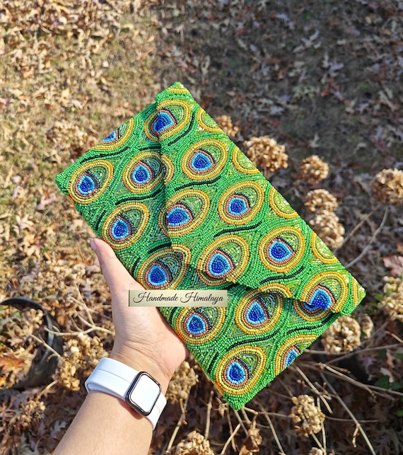 Peacock Feather Beaded Clutch | Green Embroidered Evening Bag | Boho Wedding Guest Envelope Crossbody