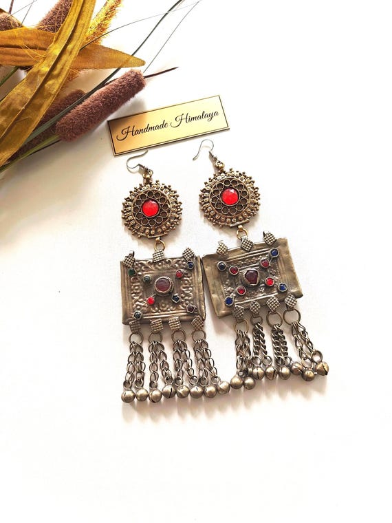 Vintage Afghan Kuchi Earrings | Tribal Boho Statement Jewelry