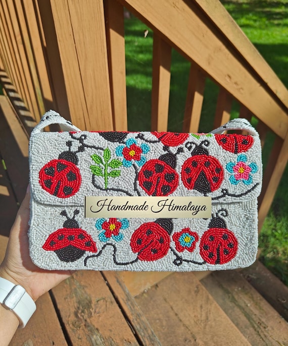 Ladybugs Beaded Bag, Beaded Shoulder Bag, Summer Bag, Party Evening Bags, Red White Purse, Top Handle Bag, Trendy Bags, Gift for Her