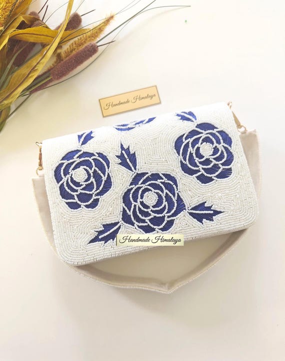 White Beaded Bridal Purse | Navy Blue Floral Wedding Clutch