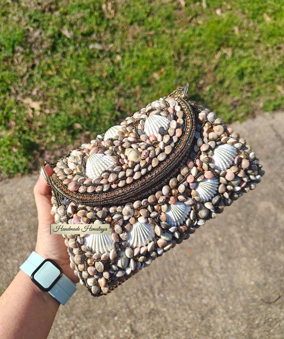 Seashell Beaded Clutch Bag | Gold Pearl Nautical Evening Bag | Beach Wedding Guest Purse