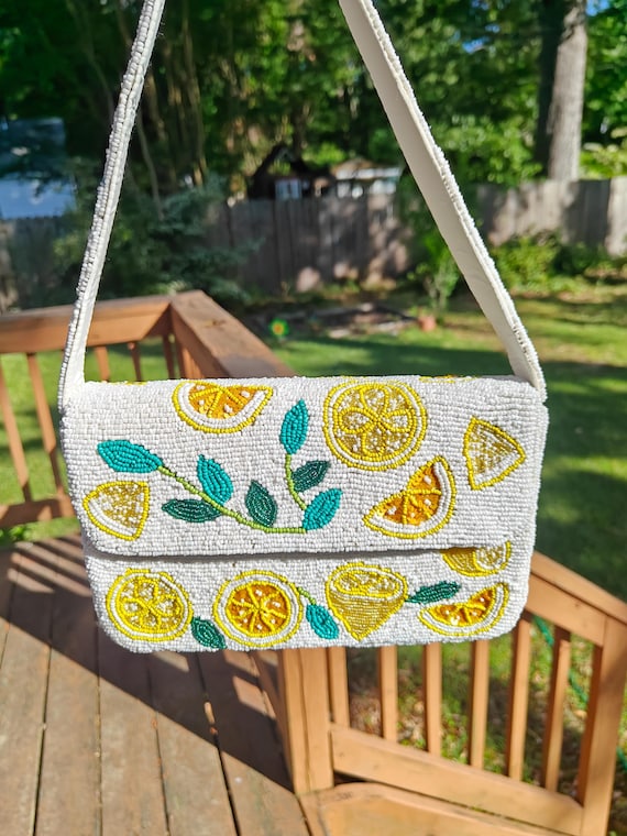Lemon Beaded Bag, Beaded Shoulder Bag, Citrus Fruit Bag, White Beaded Bag, Beaded Purse, Party Bag, Evening Clutch, Prom Purse, Summer Bag